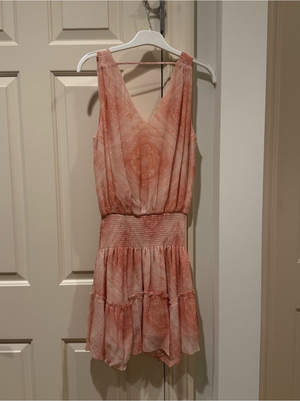 Ramy Brook Coral-Peach V-Neck Smocked Waist Mini Dress
